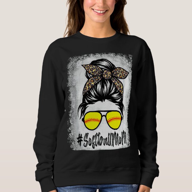 Blekt softball Mamma Life med leopard och Messy T Shirt (Framsida)