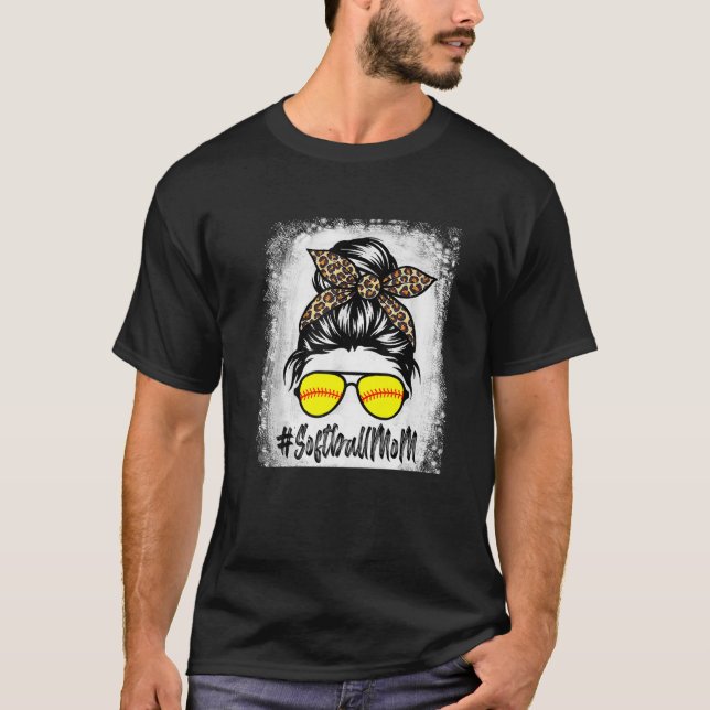 Blekt softball Mamma Life med leopard och Messy T Shirt (Framsida)