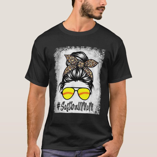 Blekt softball Mamma Life med leopard och Messy T Shirt (Framsida)