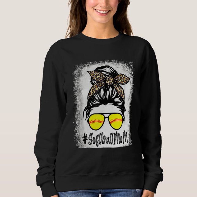Blekt softball Mamma Life med leopard och Messy T Shirt (Framsida)