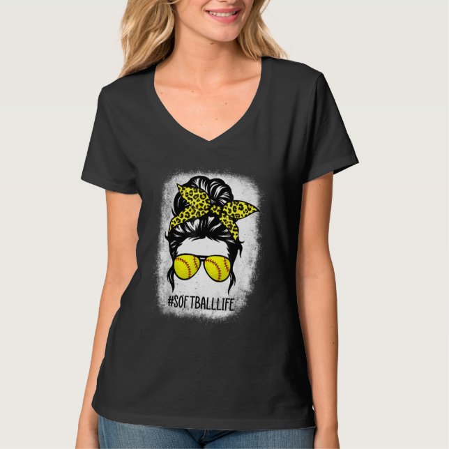 Blekt softball Mamma Life med leopard och Messy T Shirt (Framsida)