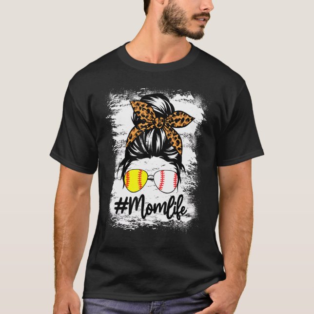 Blekt softball Mamma Life med leopard och Messy T Shirt (Framsida)