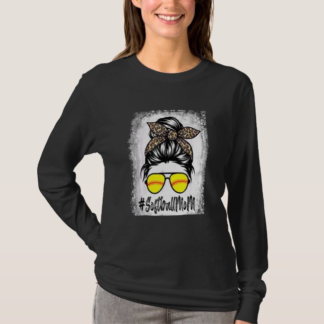 Blekt softball Mamma Life med leopard och Messy T Shirt (Framsida)