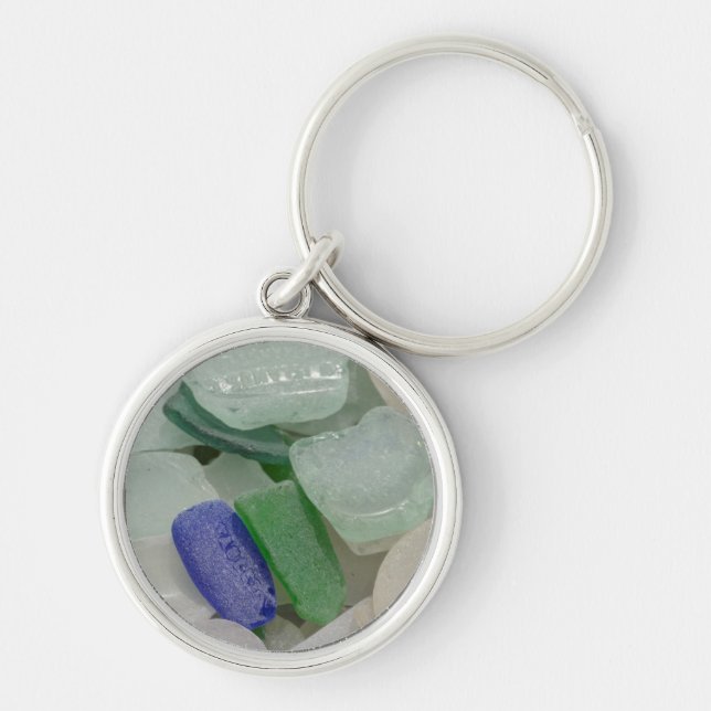 Blekt strandglas rund silverfärgad nyckelring (Framsidan)