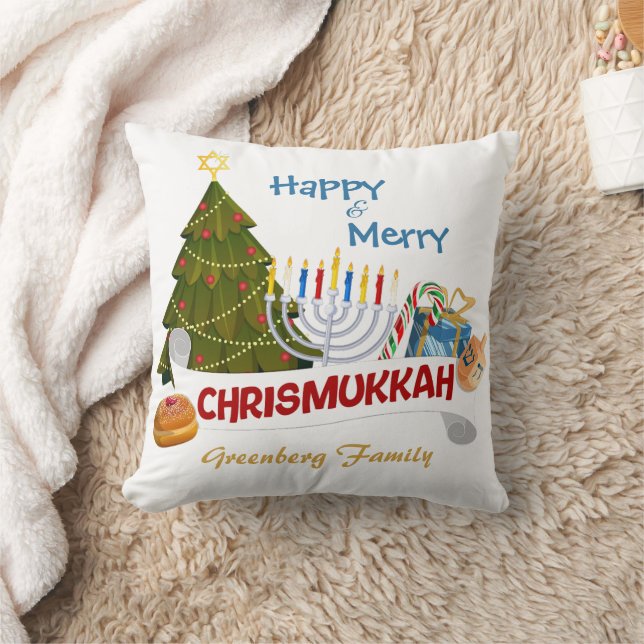 Blended Holiday Chrismukkah Tree, Menorah, Dreidel Kudde (Filt)