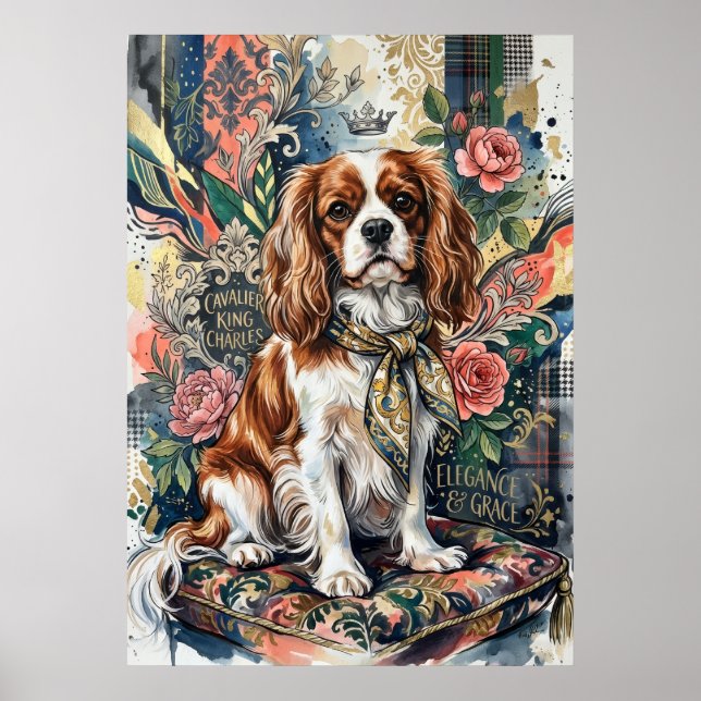 Blenheim Cavalier Blommig Collage Porträtt Poster (Framsidan)
