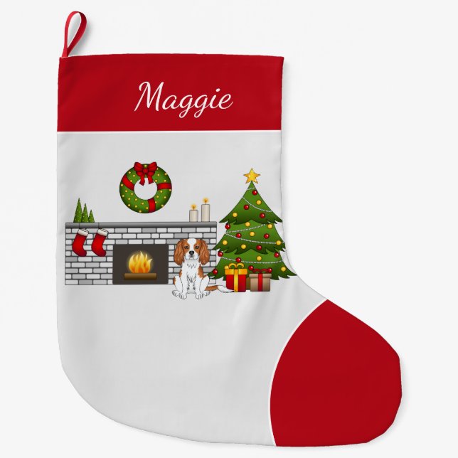 Blenheim Cavalier Hund i julrum och Namn Stor Julstrumpa (Framsidan)