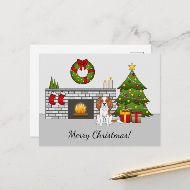 Blenheim Cavalier Hund i julrum och text Vykort (Fram/Back In Situ)