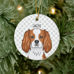 Blenheim Cavalier King Charles Spaniel Huvud & Nam Julgransprydnad Keramik