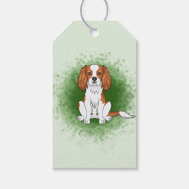 Blenheim Cavalier King Charles Spaniel på grön bak Presentetikett (Framsidan)