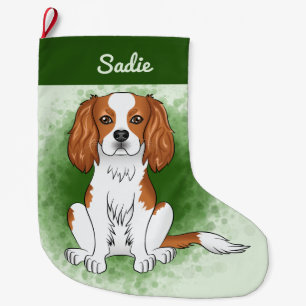 Blenheim Cavalier King Charles Spaniel på grön bak Stor Julstrumpa
