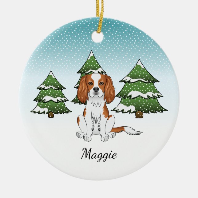 Blenheim Cavalier King Charles Spaniel på vintern Julgransprydnad Keramik (Framsidan)