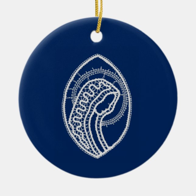 Blerad Jungfru Mary, vit snöre, marinblå Julgransprydnad Keramik (Framsidan)