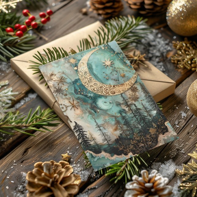 Blerad Yule Winter Solstice Teal Forest Måne Helgkort (Skapare uppladdad)