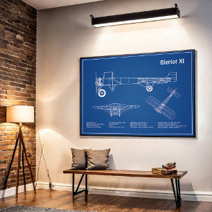 Bleriot XI - Flygplan - plan för blå Teckning-plan Poster
