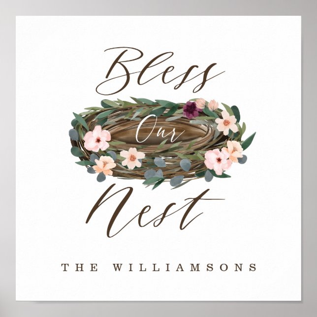 Bless our Nest Watercolor Blommigt Nest Custom Nam Poster (Framsidan)