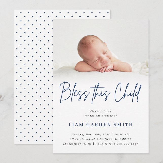 Bless this Child Handwrite Christening Photo Boy Inbjudningar (Fram/baksida)