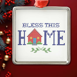 Bless this Home Kor Stitch Ornamch Julgransprydnad Metall