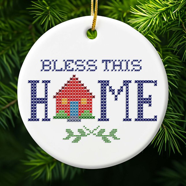 Bless this Home Ornamet Julgransprydnad Keramik (Bless This Home cross stitch needlework embroidery design.)