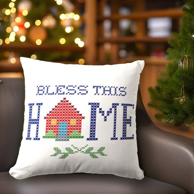 Bless this Home Pilling Kudde (Add a touch of love to your home with our "Bless This Home" pillow, original cross stitch design.)