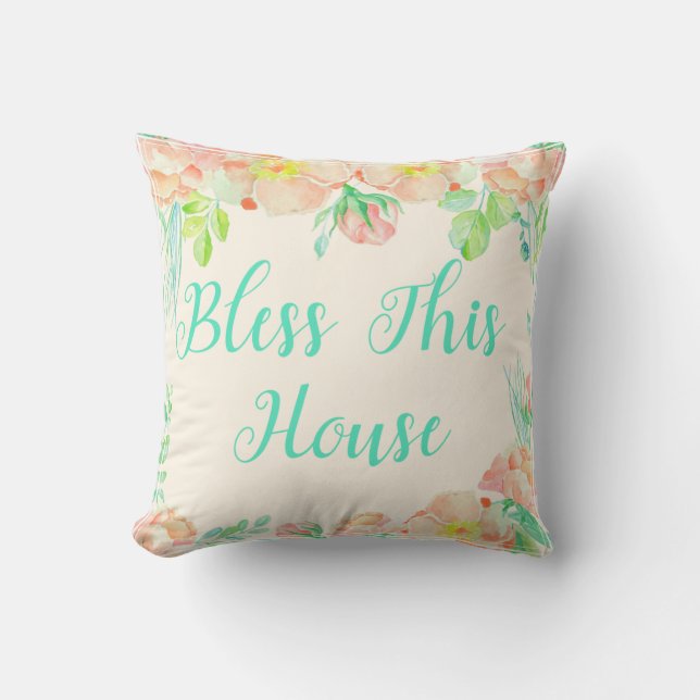 Bless This House Teal Korall Vattenfärg Blommig Kudde (Framsida)