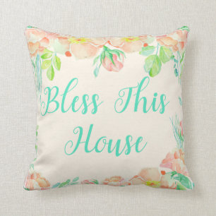 Bless This House Teal Korall Vattenfärg Blommig Kudde