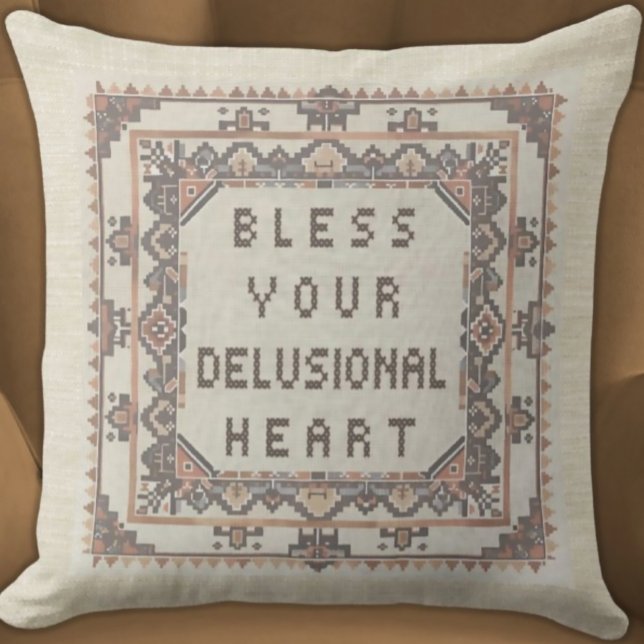 Bless your Delusional Heart - Lustigt Faux-sött Kudde (Bless Your Delusional Heart
Funny Faux Needlepoint Embroidered Pillow Neutral Colors Aztec Border)