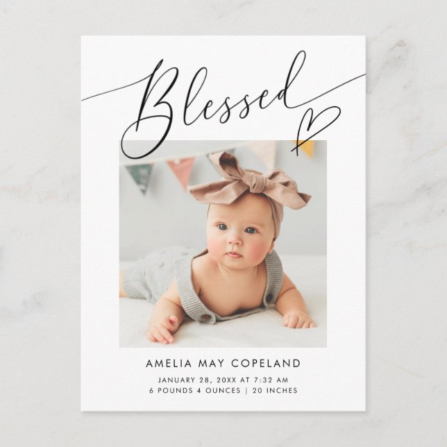 Blessad Minimalistisk Hjärt Baby Foto Födelse Meddelande Vykort (Framsida)