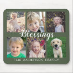Blessar Mörk grönt 6 Fotokollage Musmatta<br><div class="desc">Den här musknappen har en enkel design med 6 foto ramar för ditt favoritbilder i din familj. Modern handskrift av stil-kalligrafi lyder: "Blessings". Anpassa den här gröntens musknapp till din familj namn.</div>