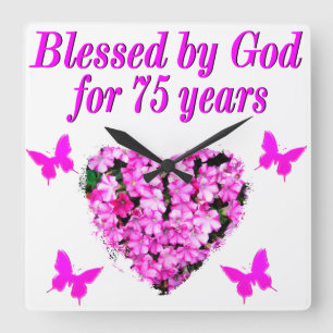 BLESSED 75:E BIRTHDAY BLOMMIGT DESIGN FYRKANTIG KLOCKA