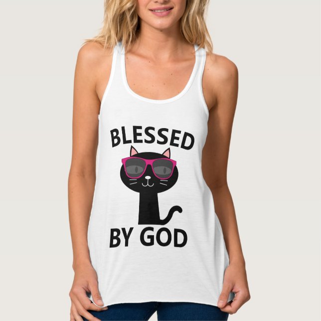 BLESSED AV GOD CAT T-Shirts Linne Med Racerback (Framsida)