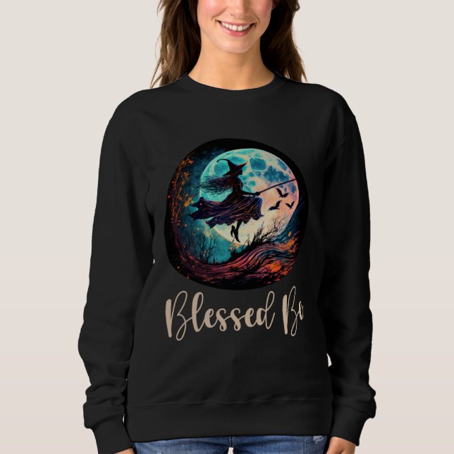 Blessed Be Retro Witch On A Broom Mystical T Shirt (Framsida)