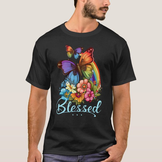 Blessed Christian Butterfly Pretty Floral Rainbow  T Shirt (Framsida)