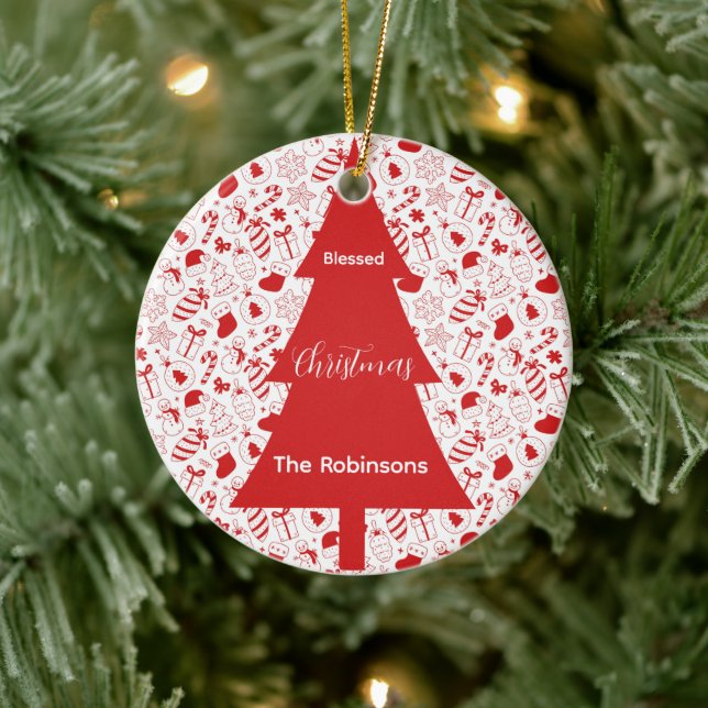 Blessed Christmas Red Christmas Tree Doodle Art Julgransprydnad Keramik (Träd)