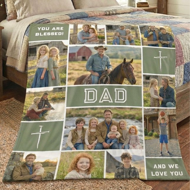 Blessed Dad 12 Photo Collage Custom Text Fleecefilt (Skapare uppladdad)