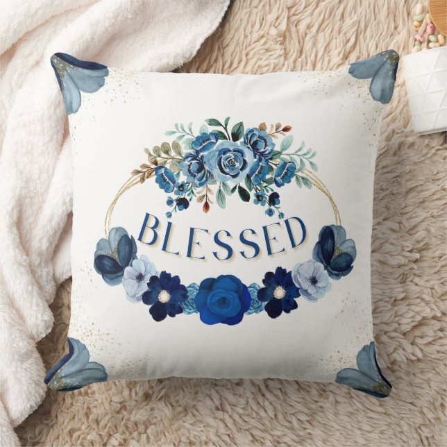 BLESSED Elegant Blått Guld-Blommigt, inspiration Kudde (Filt)