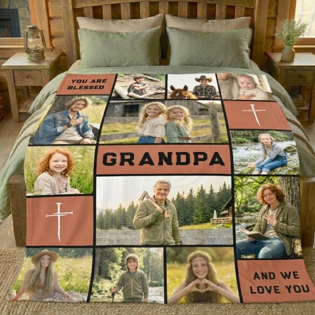 Blessed Grandpa 12 Photo Collage Custom Text Fleecefilt (Skapare uppladdad)