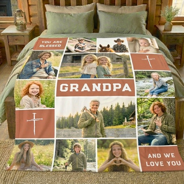 Blessed Grandpa 12 Photo Collage Custom Text Fleecefilt (Skapare uppladdad)