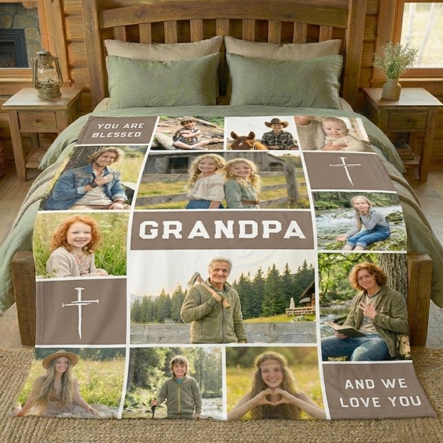 Blessed Grandpa 12 Photo Collage Custom Text Fleecefilt (Skapare uppladdad)