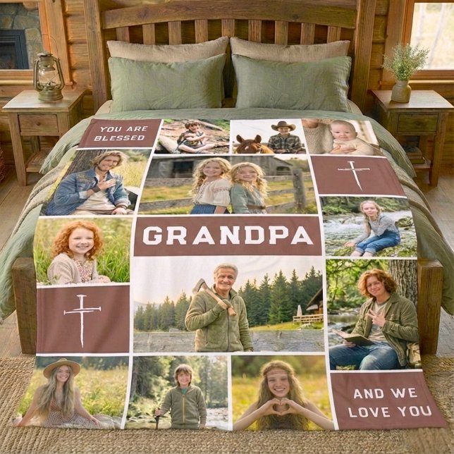 Blessed Grandpa 12 Photo Collage Custom Text Fleecefilt (Skapare uppladdad)
