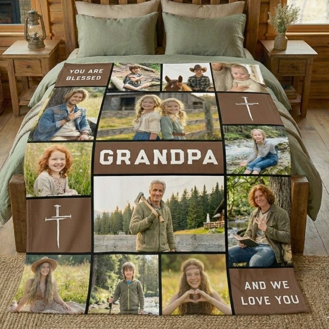 Blessed Grandpa 12 Photo Collage Custom Text Fleecefilt (Skapare uppladdad)