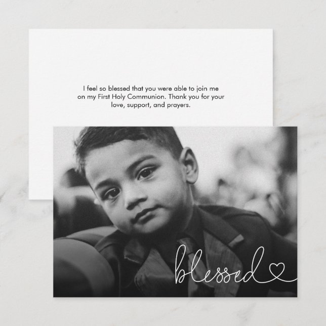 Blessed Heart Script Minimal Photo First communion Tack Kort (Fram/baksida)