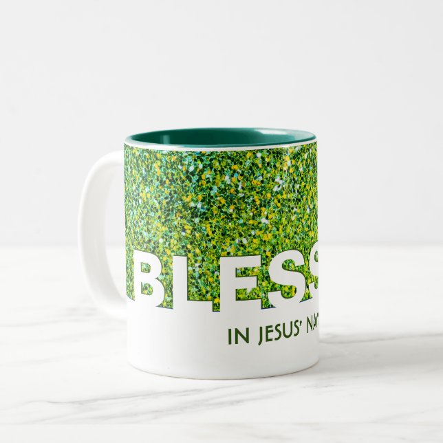 BLESSED I Jesus Namn | SNYGGT GRÖNT GLITTER Två-Tonad Mugg (Framsida vänster)