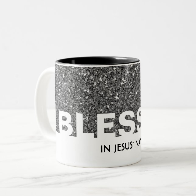 BLESSED I Jesus Namn | Snyggt SILVER Glitter Två-Tonad Mugg (Framsida vänster)