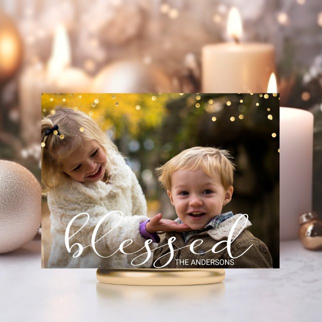 BLESSED Julfoto i Modern Guld-familjen Vykort (Modern Gold Family BLESSED Christmas Photo Postcard)