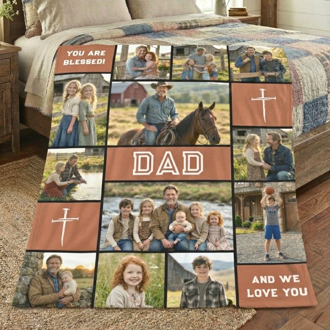 Blessed Loved Dad 12 Photo Collage Custom Text Fleecefilt (Skapare uppladdad)