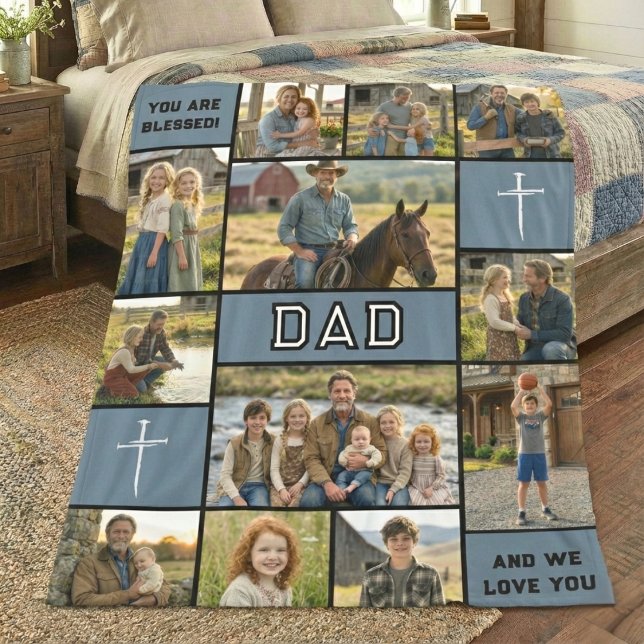 Blessed Loved Dad 12 Photo Collage Custom Text Fleecefilt (Skapare uppladdad)