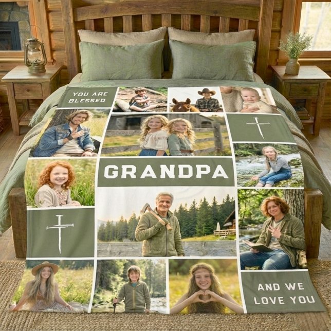 Blessed Loved Grandpa 12 Photo Collage Custom Text Fleecefilt (Skapare uppladdad)