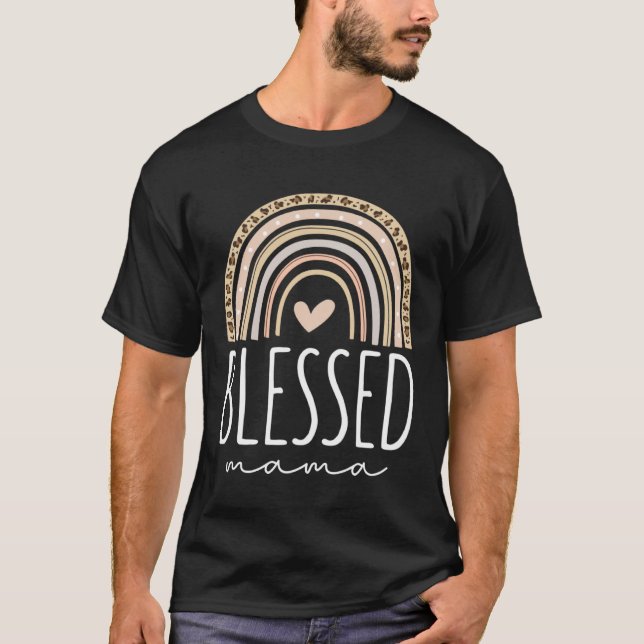 Blessed Mama  Leopard Rainbow T Shirt (Framsida)