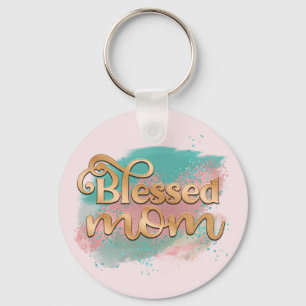 Blessed Mom Teal Pink and Gold Glitter Typography Nyckelring